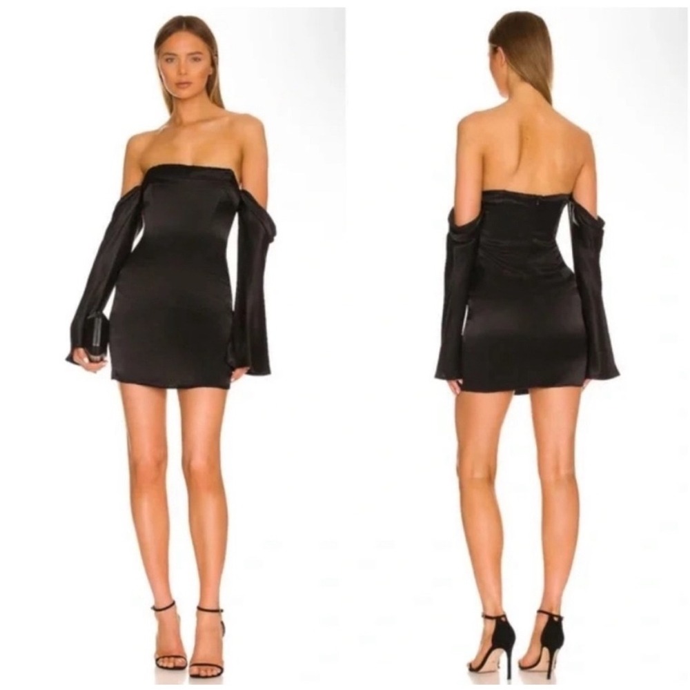 CAMILA COELHO Charlie Black Satin Off Shoulder Mini Dress Size XXS